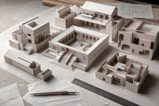 Architectural paper models of residential buildings on a drafting table for design planning.