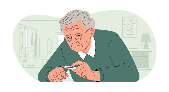 Elderly Man Checks Thermometer in Home Setting