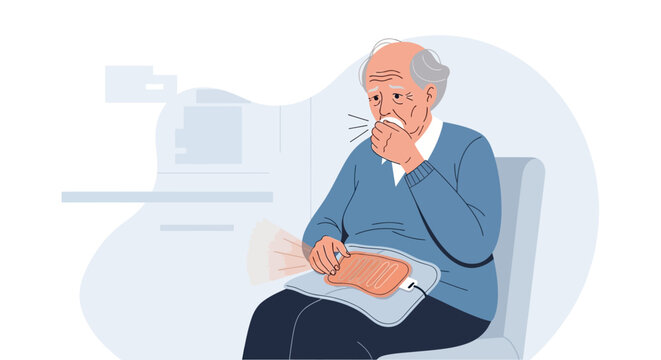 Elderly Man Coughing Into Hand While Holding Heating Pad