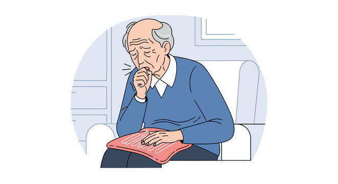 Elderly Man Coughing While Holding A Hot Water Bottle For Comfort