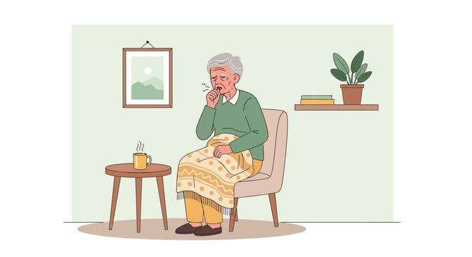 Elderly Man Coughing While Wrapped In Blanket Indoors With Hot Drink