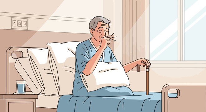 Elderly Man Coughing While Sitting In Hospital Bed With Cane Resting Nearby