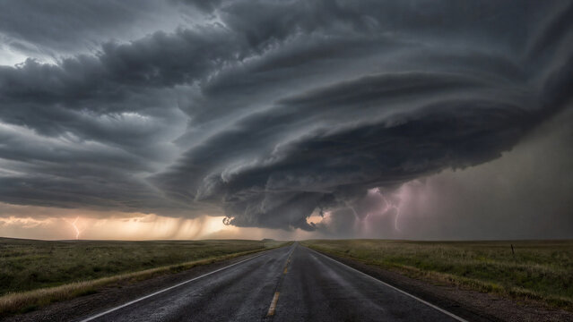 Supercell thunderstorm over a rural prairie road with dramatic rotating storm clouds.