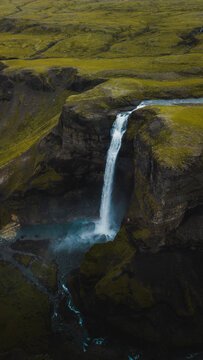 Highlands of Iceland. Haifoss waterfall. Travel and landscape copy space banner