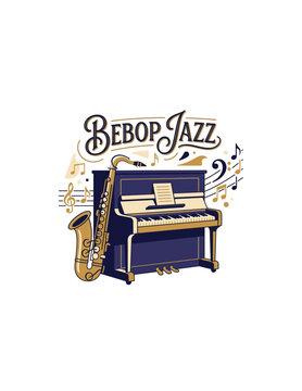 Vintage Bebop Jazz Illustration Featuring Retro Piano and Saxophone with Musical Notes for Music Festivals Posters and Live Jazz Event Design