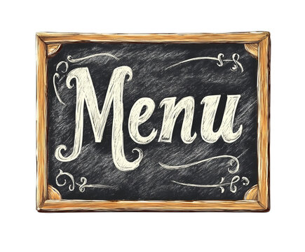 Antique chalkboard displays the word 'Menu' in elegant script, perfect for restaurant branding, isolated on transparent background