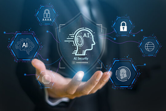 AI security, Businessman with futuristic artificial intelligence safety on digital screen, Corporate AI cybersecurity shield protecting privacy data and system network, Tech innovation business