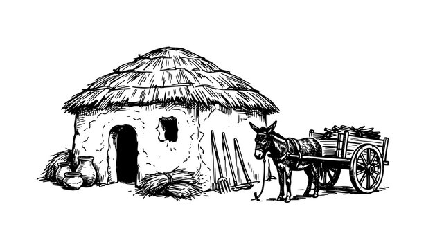 Rustic thatched roof hut with pitchforks clay pots and donkey pulling loaded wooden wagon hand drawn illustration for design
