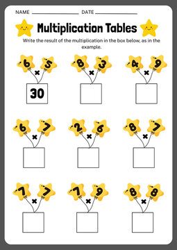 Fun Star Multiplication Tables Math Worksheet for Kids