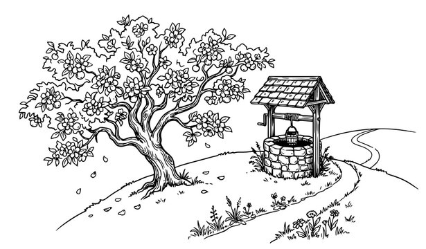 Apple blossom tree with stone water well along winding garden path coloring page black and white line art illustration