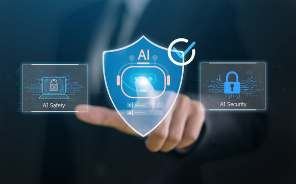 AI security, Businessman with futuristic artificial intelligence safety on digital screen, Corporate AI cybersecurity shield protecting privacy data and system network, Tech innovation business