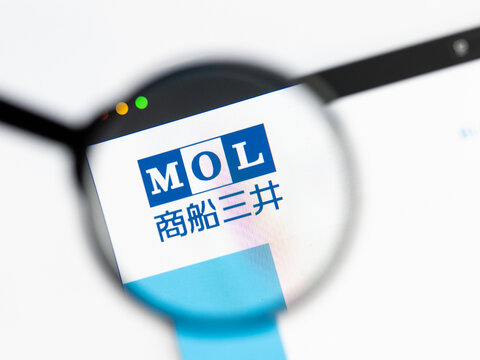 Milan, Italy 2026, 15 AGO Closeup of MOL Mitsui OSK Lines website page on a laptop screen. Focus on MOL Mitsui OSK Lines logo under a magnifying glass.