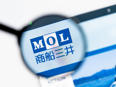 Milan, Italy 2026, 15 AGO Closeup of MOL Mitsui OSK Lines website page on a laptop screen. Focus on MOL Mitsui OSK Lines logo under a magnifying glass.