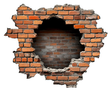 Cracked brick wall segment showing dark interior, a distressed demolition concept, perfect for urban design, isolated on transparent background