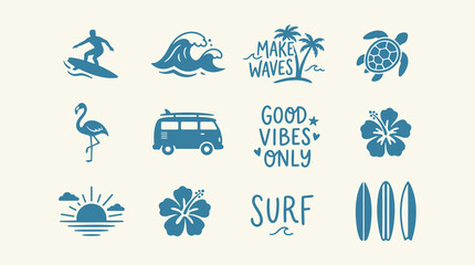 Obraz premium Blue Tropical Surf Beach Summer Vacation and Good Vibes Flat Icon Set on Cream Background