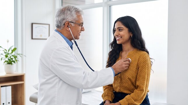 Senior male doctor checking young woman patient's heart with stethoscope.