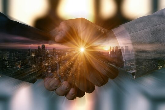 Professional Corporate Handshake Double Exposure with Urban Skyline and Morning Light