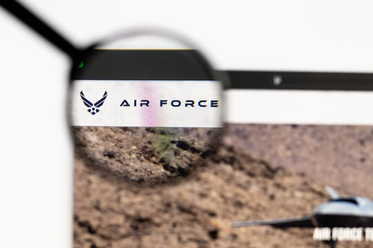 Milan, Italy 2026, 15 AGO Closeup of U.S. Air Force website page on a laptop screen. Focus on U.S. Air Force logo under a magnifying glass.