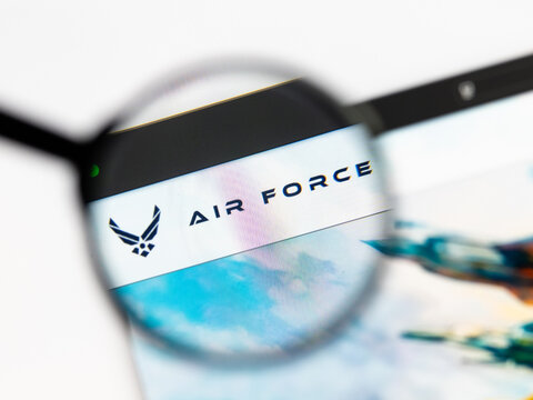 Milan, Italy 2026, 15 AGO Closeup of U.S. Air Force website page on a laptop screen. Focus on U.S. Air Force logo under a magnifying glass.