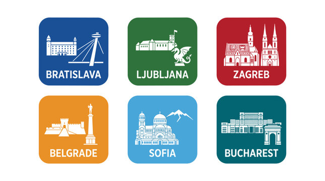 European Capital Landmark Flat Icon Set with Bratislava Ljubljana Zagreb Belgrade Sofia and Bucharest Travel Symbols