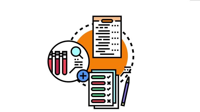 Medical examination process depicting laboratory test tubes, a magnifying glass for analysis, a detailed report document, and a list of results with both completed and failed indicators