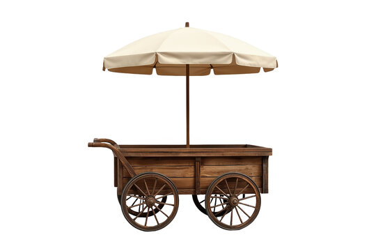 Rustic wooden vendor cart with cream umbrella