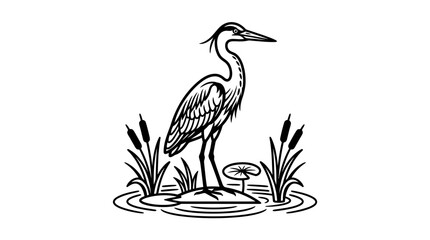 Fototapeta premium Black and white heron standing among marsh reeds.