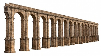 Fototapeta premium Long ancient stone arch bridge aqueduct isolated on a clean white background, showcasing historical Roman engineering and architectural grandeur.