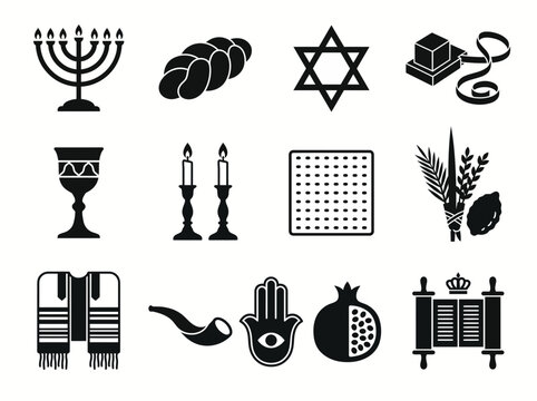 Collection of black and white jewish religious symbols and traditional cultural icons for holidays and rituals