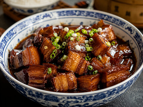 Traditional Chinese red braised pork belly (Hong Shao Rou) garnished with scallions in a porcelain bowl