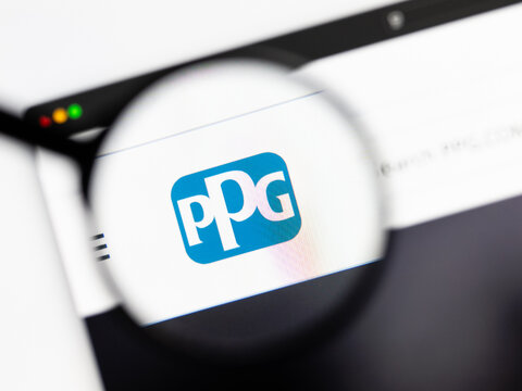 Milan, Italy 2026, 15 AGO Closeup of PPG website page on a laptop screen. Focus on PPG logo under a magnifying glass.