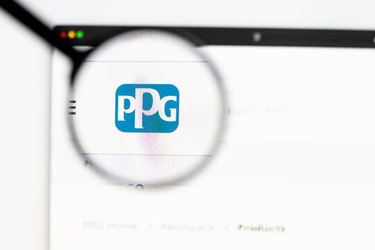 Milan, Italy 2026, 15 AGO Closeup of PPG website page on a laptop screen. Focus on PPG logo under a magnifying glass.