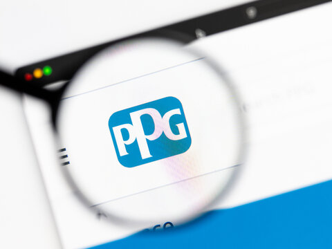 Milan, Italy 2026, 15 AGO Closeup of PPG website page on a laptop screen. Focus on PPG logo under a magnifying glass.