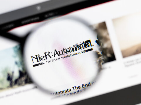 Milan, Italy 2026, 15 AGO Closeup of NieR Automata website page on a laptop screen. Focus on NieR Automata logo under a magnifying glass.
