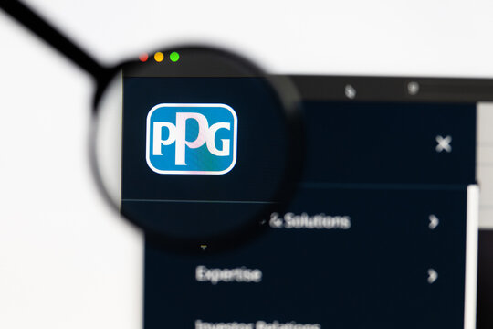 Milan, Italy 2026, 15 AGO Closeup of PPG website page on a laptop screen. Focus on PPG logo under a magnifying glass.