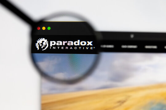 Milan, Italy 2026, 15 AGO Closeup of Paradox Interactive website page on a laptop screen. Focus on Paradox Interactive logo under a magnifying glass.