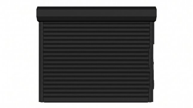 A sleek black metal rolling shutter door, fully closed and providing robust security, isolated on a clean white background, ideal for modern architectural designs.