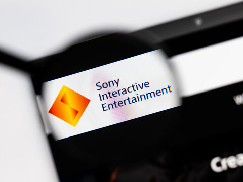 Milan, Italy 2026, 15 AGO Closeup of Sony Interactive Entertainment website page on a laptop screen. Focus on Sony Interactive Entertainment logo under a magnifying glass.