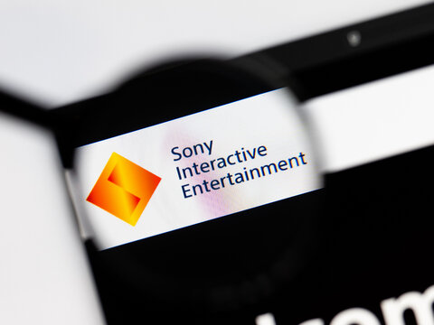Milan, Italy 2026, 15 AGO Closeup of Sony Interactive Entertainment website page on a laptop screen. Focus on Sony Interactive Entertainment logo under a magnifying glass.