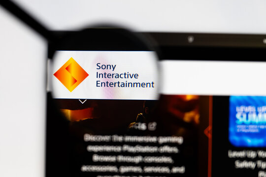 Milan, Italy 2026, 15 AGO Closeup of Sony Interactive Entertainment website page on a laptop screen. Focus on Sony Interactive Entertainment logo under a magnifying glass.