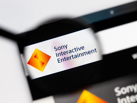 Milan, Italy 2026, 15 AGO Closeup of Sony Interactive Entertainment website page on a laptop screen. Focus on Sony Interactive Entertainment logo under a magnifying glass.