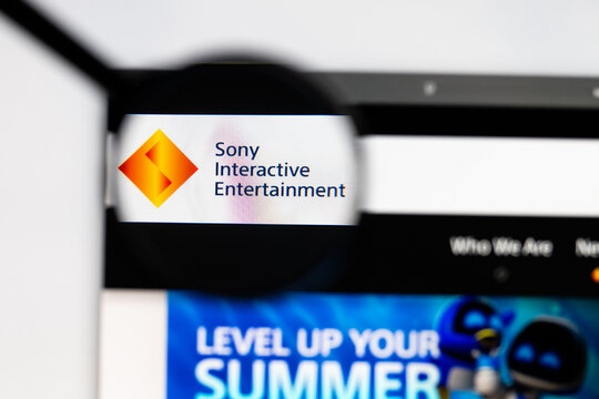 Milan, Italy 2026, 15 AGO Closeup of Sony Interactive Entertainment website page on a laptop screen. Focus on Sony Interactive Entertainment logo under a magnifying glass.
