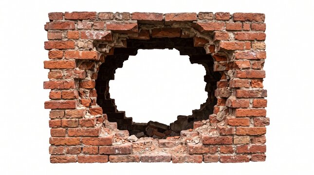 A large, circular hole dramatically broken through an old, weathered red brick wall, isolated on a clean white background, creating a powerful visual of destruction and decay.