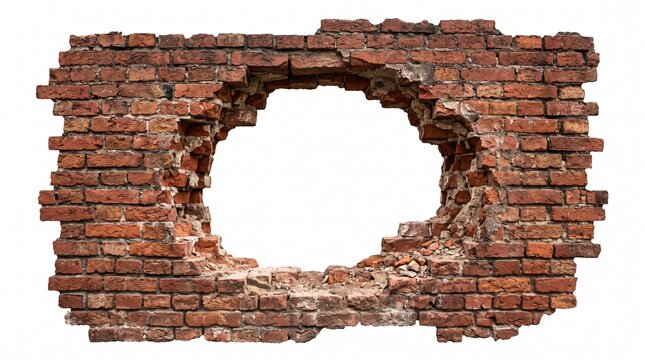 An old, damaged red brick wall featuring a prominent, roughly circular hole in its center, cleanly isolated on a bright white background, symbolizing demolition and structural weakness.
