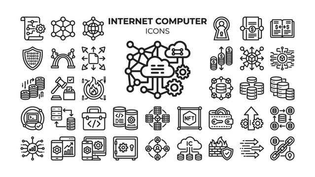 Internet Computer Icons: A comprehensive collection of line art icons representing various aspects of internet computer technology, including cloud computing, data security, networking.