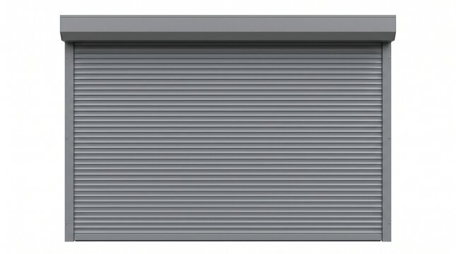 Closed industrial metal roller shutter door in grey color isolated on white background