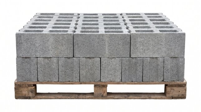 Low stack of grey concrete blocks arranged on a wooden pallet isolated on white background