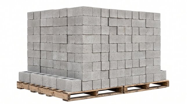 A large stack of grey concrete blocks placed neatly on wooden pallets against white background