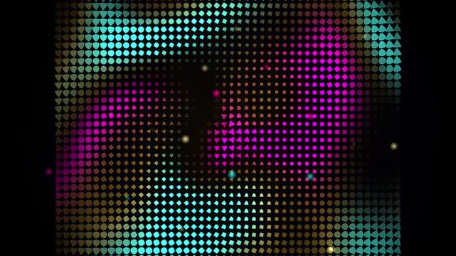 Abstract colorful glowing neon halftone dots on black background
