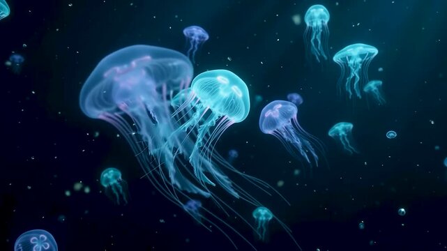 Bioluminescent jellyfish swimming through deep blue ocean water featuring ethereal lighting.